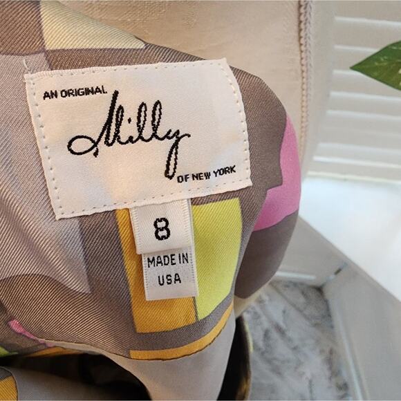 MILLY SILK COLORBLOCK PATCHWORK GRAY PINK DRESS SIZE 8 - Picture 7 of 8